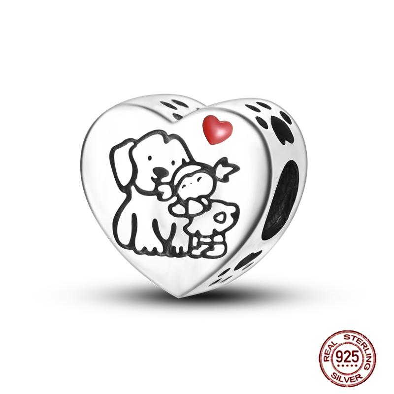 Charms  925 Sterling Copper Love Heart Sunflower Family Puppy Clip Charm Fit Bracelets Original Beads Women Souvenir DIY Zircon