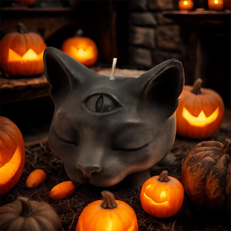 Three-eyed Cat Round Bead Three-dimensional Cat Head Home Decoration Halloween Aromatherapy Candle Atmosphere