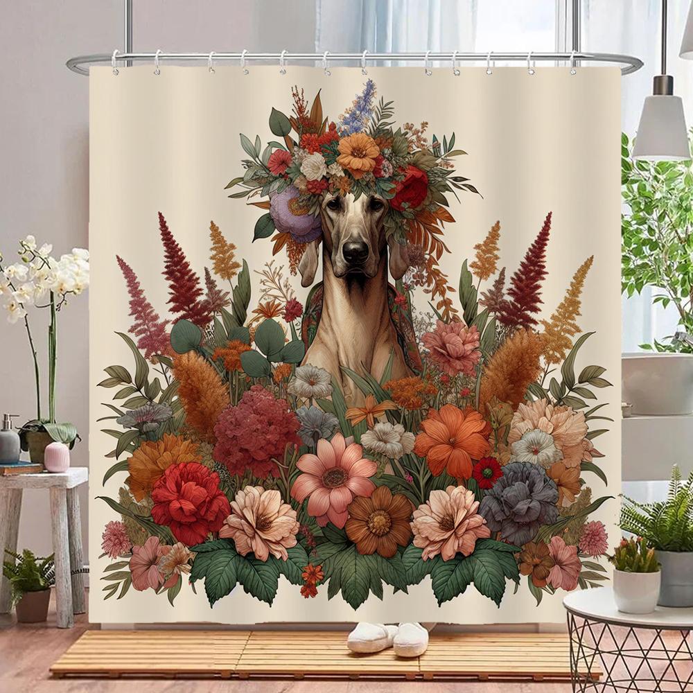 Flowers Dog Shower Curtain with Hooks Home Decor for Watercolor Plants and Floral Bathroom Curtain Polyester Fabric Bath Curtain