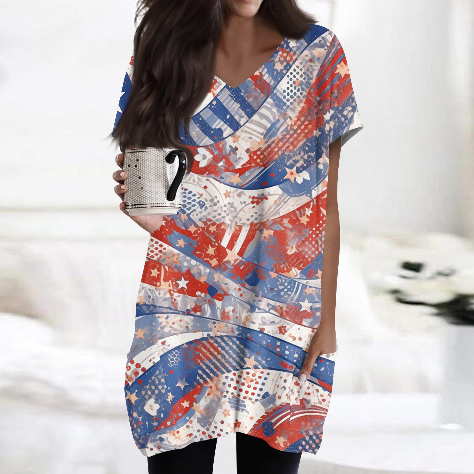 

Женский топ с принтом флага Дня независимости, V-образным вырезом, карманом средней длины и коротким рукавом L синий