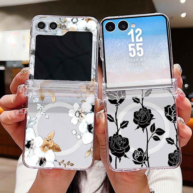 Retro Flowers Black Rose Print Case For Samsung Galaxy Z Flip 8 7 FE 6 5 Z Flip8 Flip7 Flip6 Magnetic Clear Hard PC Folding Phone Cover