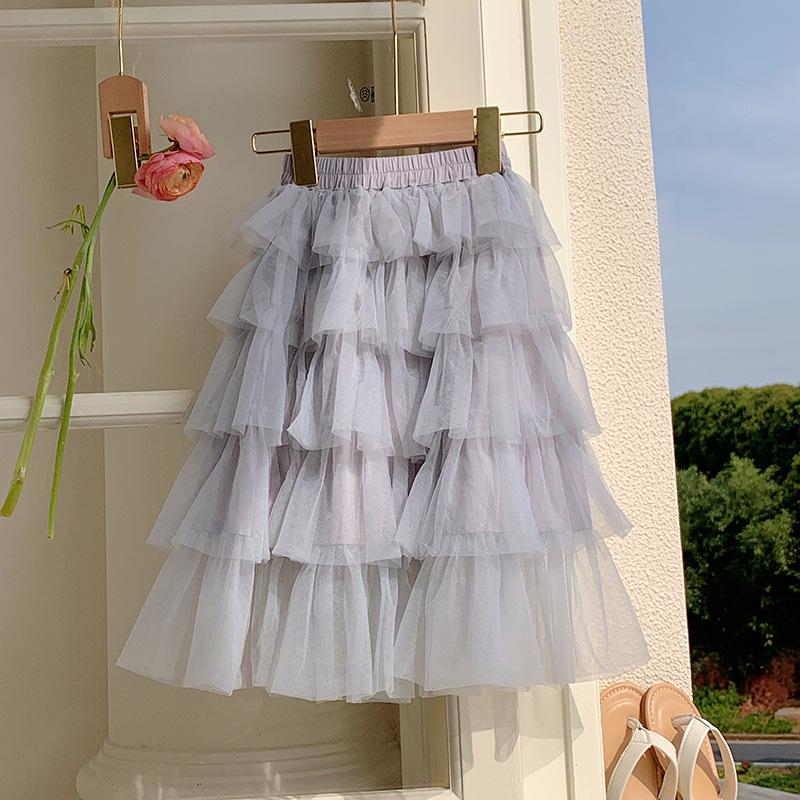 2025 Spring/Summer Korean Layered Cake Mesh Skirt for Girls – Sweet and Fashionable Princess Dress