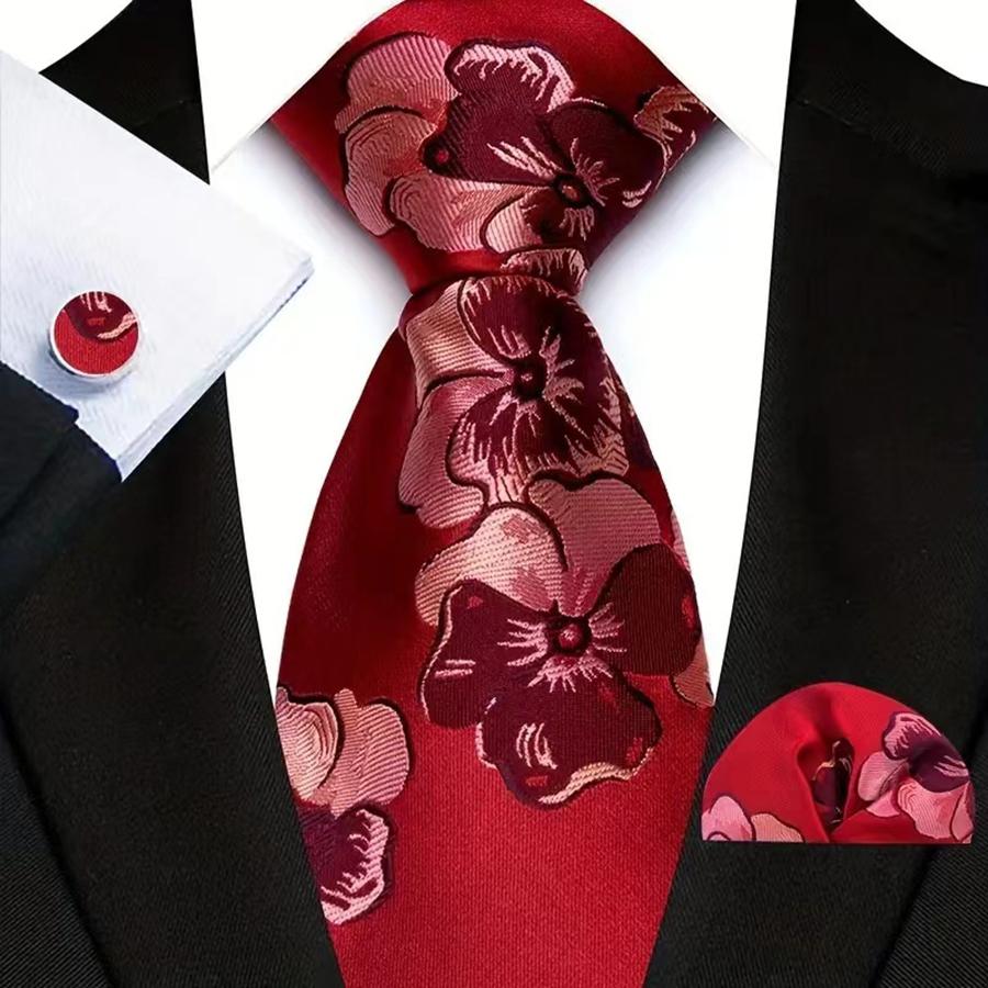 Red Striped Paisley Solid Floral Wedding 8CM Tie For Men Design Mens Necktie Hanky Cufflink Set For Daily Wear Business Party