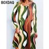 Large Size Women's Dress Autumn Winter Long Sleeve O-Neck Casual A-line Dress 3D Fashion Colorful Stripe Printed Dress Vestidos