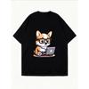 Niedliches weißes Oversize-T-Shirt mit Corgi-Hund-Print, Brille und Laptop – perfekt für Freizeit und Alltag