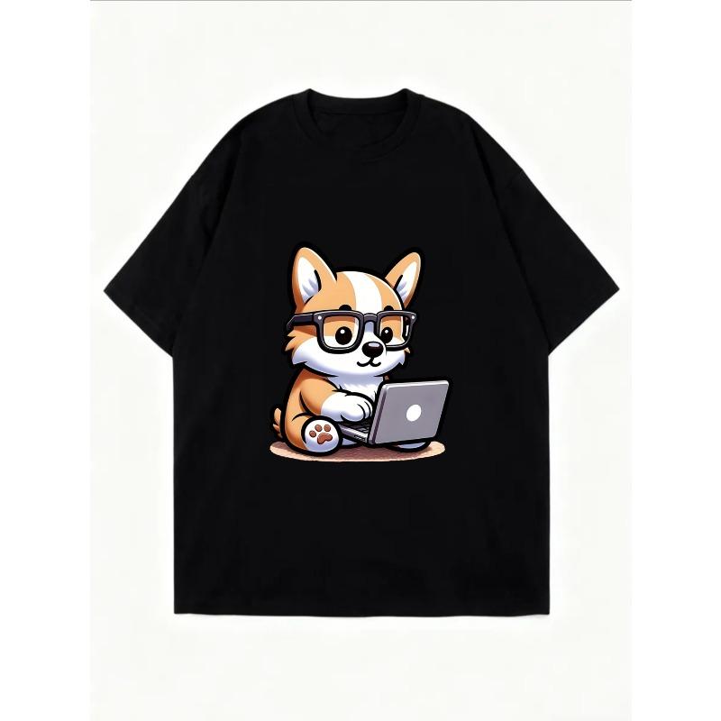 Niedliches weißes Oversize-T-Shirt mit Corgi-Hund-Print, Brille und Laptop – perfekt für Freizeit und Alltag