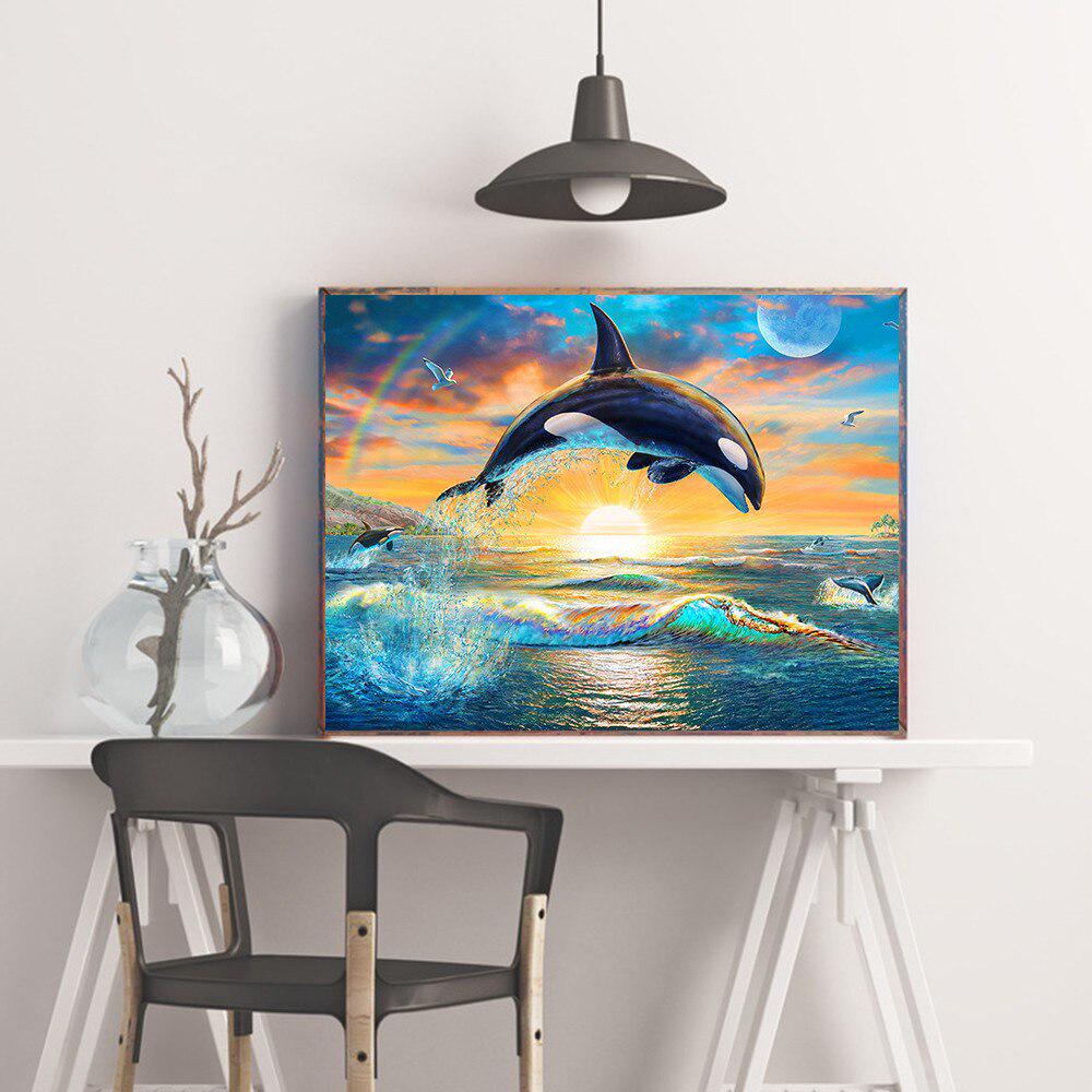 Diamantový obraz Dolphin Obrázek Drahokamu Plná Kulatá Diamantová mozaika Západ slunce Diamantové vyšívání