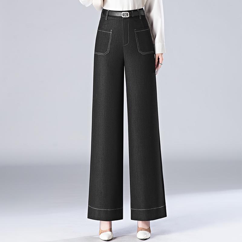 Spring 2025 Women's High-Waist Wide-Leg Denim Trousers - Slim Fit, Drape, Straight-Leg Design for Mature Styles