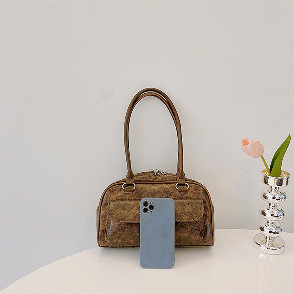 Vintage Shoulder Bag for Women Lightweight PU Handbag Large Capacity Double Zipper Multi-Pocket For Daily Commute