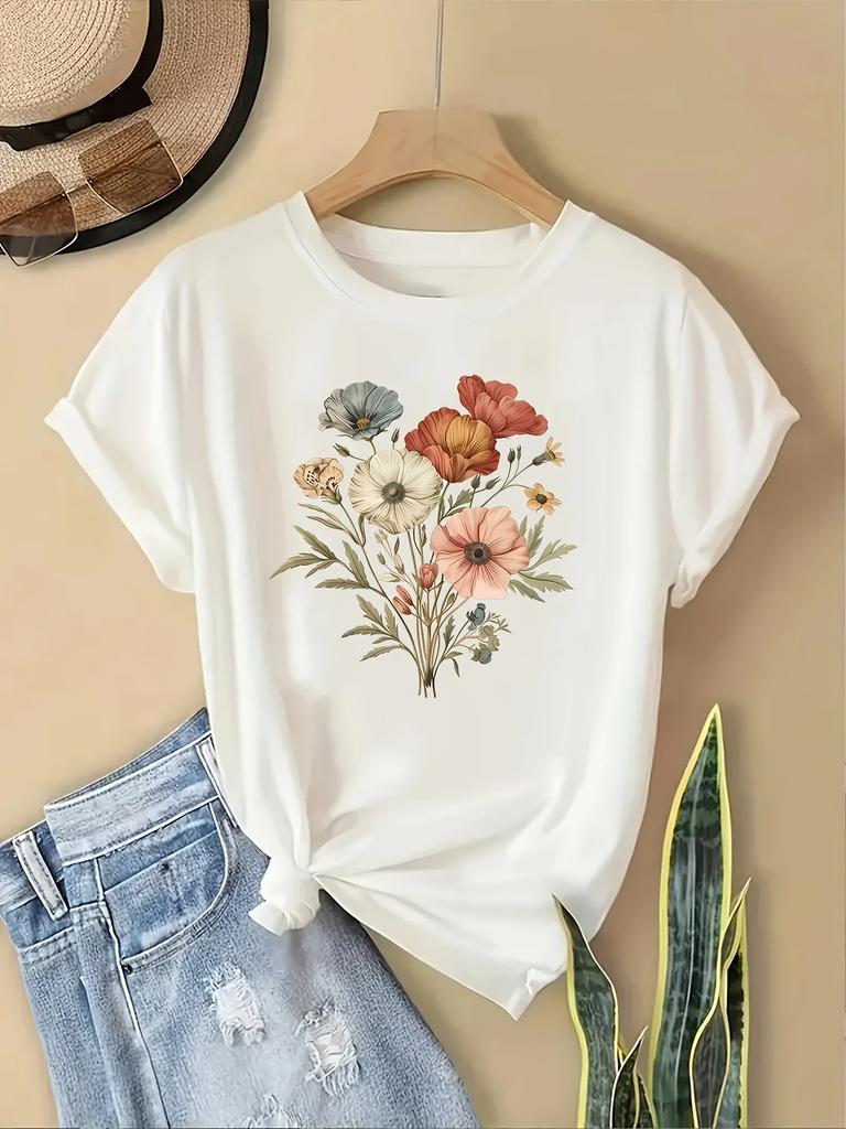Floral Fashion Tee Breathable Women's Casual Fashion T-Shirt Crew Neck Short Sleeve Colorful Floral Women Clothing