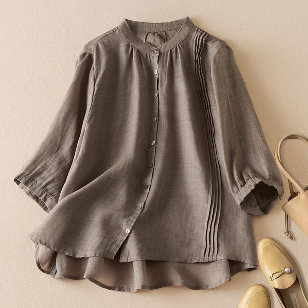 Women's Solid Color Cotton Linen Five Quarter Sleeved Retro Breathable T-Shirt Stand Up Collar Top