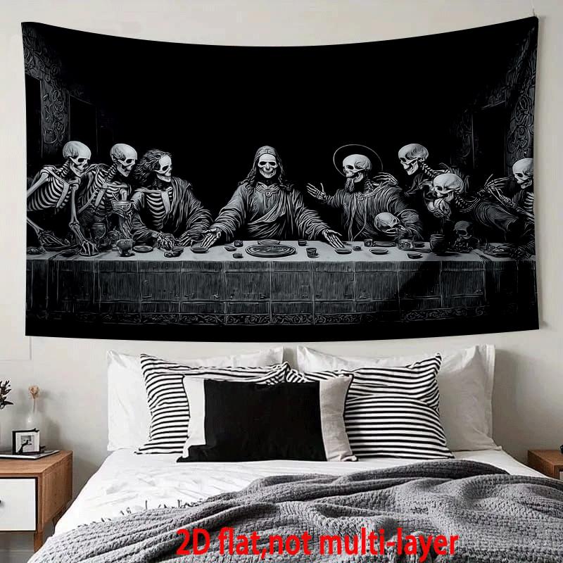 Dark Skull Edition Last Supper Tapestry Gothic Style Black and White Skeleton Printed Hanging Cloth Room Decoration 100X70CM