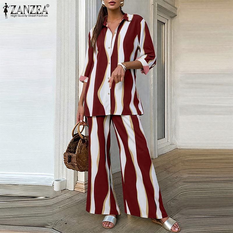 ZANZEA Women Long Sleeve Blouse and Pants Casual Print Two Piece Suit Sets