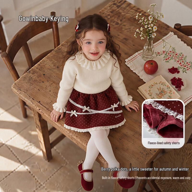 Keying Girls Vintage Sweet Burgundy Strawberry Dot Winter Outfit