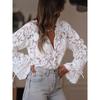 Women's V Neck Long Sleeve Blouse A-Line Fit Casual Floral Lace Shirt Semi Sheer Flare Cuff Button Front Top For Spring Daily Commuter Outfit