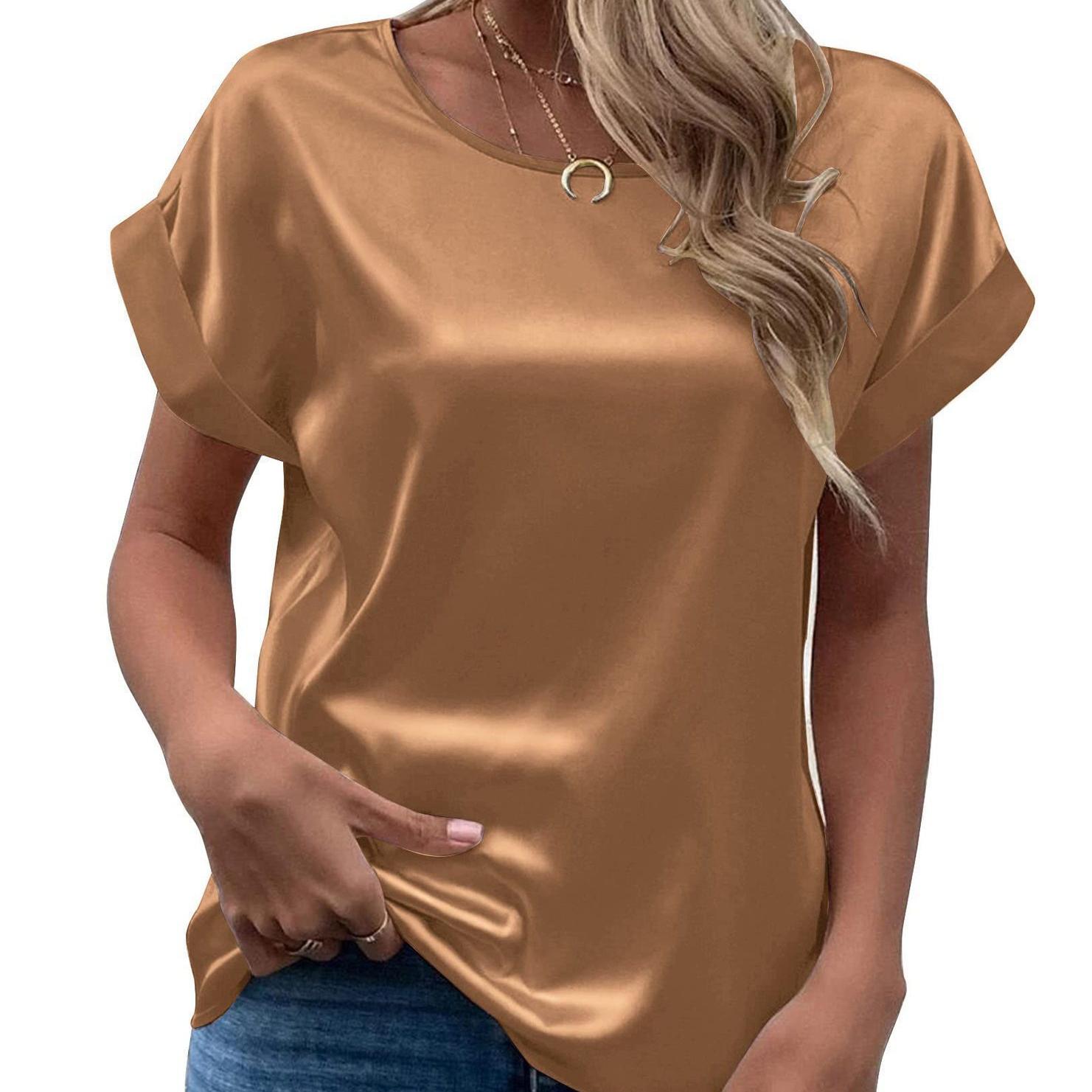 

Весенне-летняя новая женская атласная рубашка с короткими рукавами, свободная и повседневная цветная футболка с круглым вырезом для женщин 2XL дубильная кора