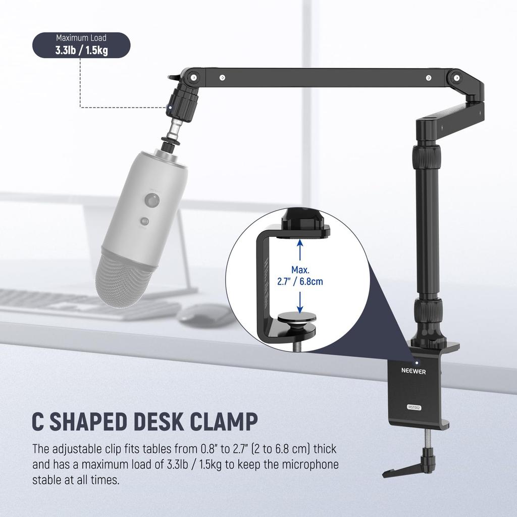 NEEWER Slim Microphone Arm Desk Mount with Damping, 360° Rotation, Articulating Boom Arm with Height Adjustable Pole and Cable Management Channel