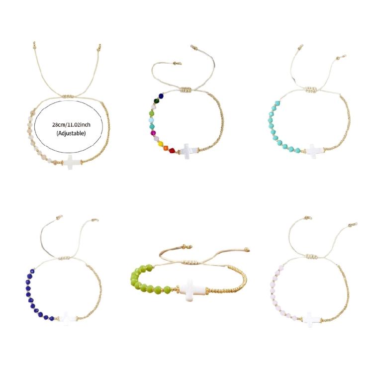 Crucifix Beaded Bracelet Bohemian Style Wristband Multicolor Crystal Beads Bangle For Women Casual Accessories