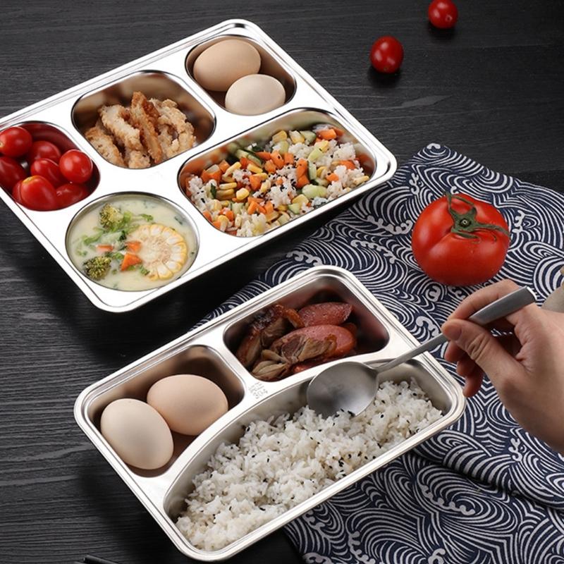 Rostfritt stål uppdelad matbricka för skolmatsal kontor familjemåltider barn middagstallrik med fack