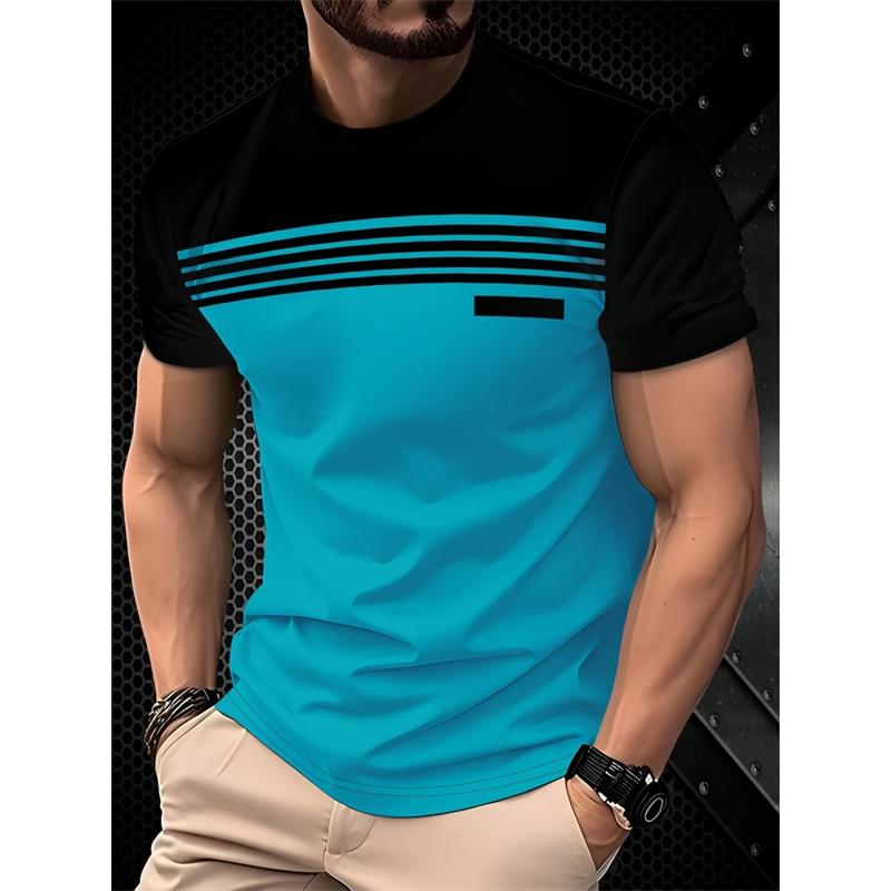 Men's Simple and Fashionable Contrasting Color T-shirt Summer Business Short Sleeved 3D Printed Top Casual Loose Daily Street Wear