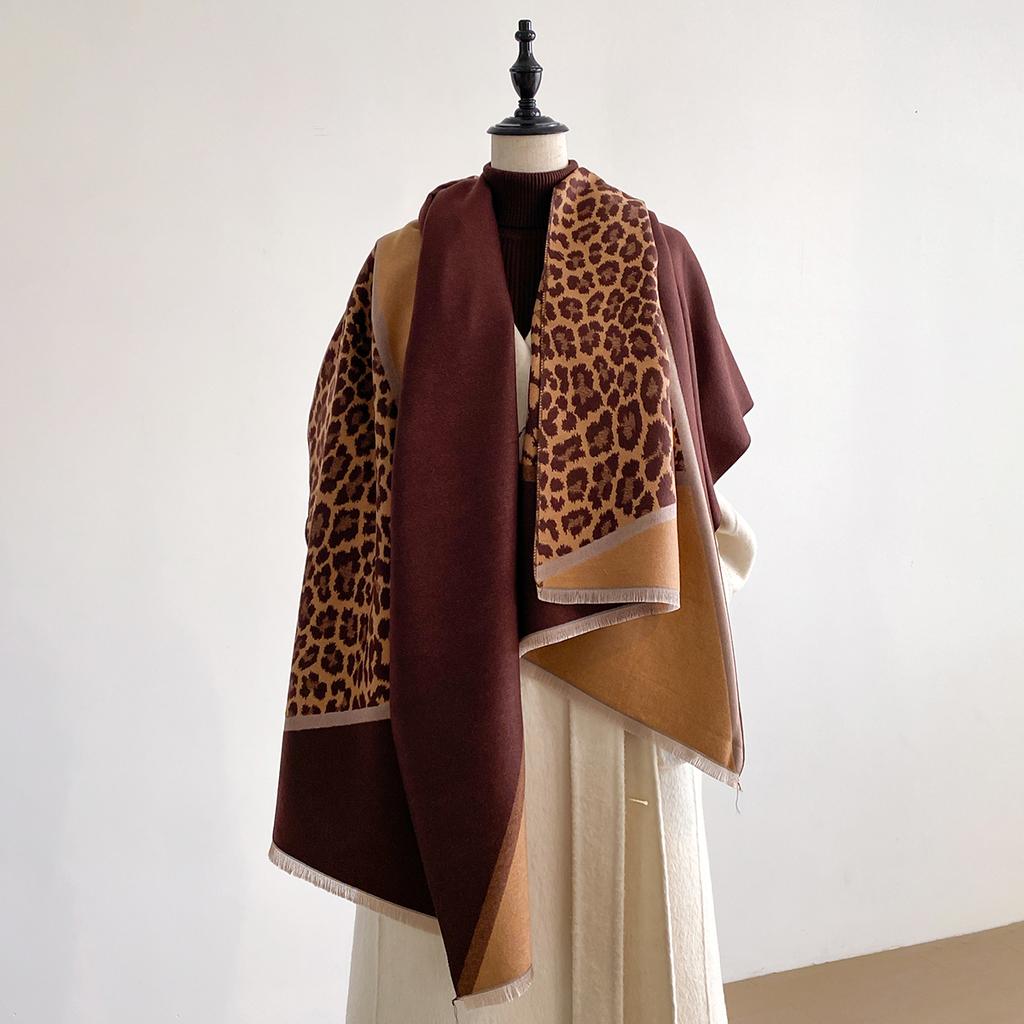 New Elegance Two-Sided Leopard Print Scarf Warm Fringe Pashmina Shawl Autumn and Winter Outdoor Coldproof Windproof Blanket