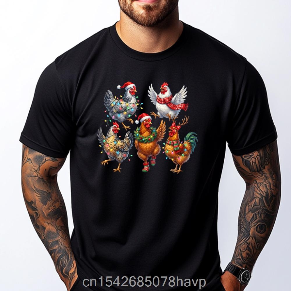 Funny Chicken Christmas Lights Farm Animal Cute Xmas Holiday Printed T-shirt Fashion Casual Clothing