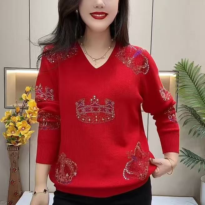 Spring Autumn Women's Plus Size Sweater Thin Loose Fit Rhinestone V-Neck Pullover Knit Top