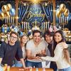 2D Happy Birthday Background Cloth Blue Gold with Candles, Gifts & Glitter Banner