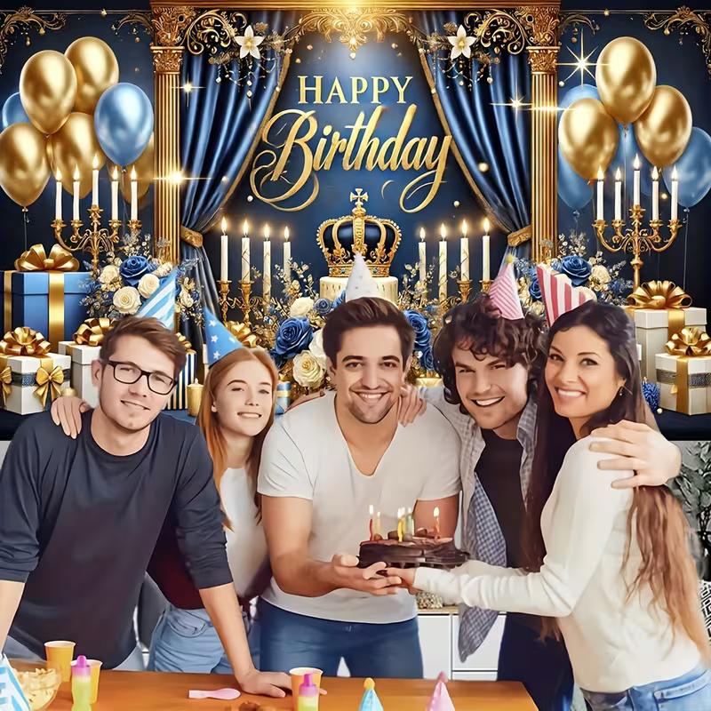 2D Happy Birthday Background Cloth Blue Gold with Candles, Gifts & Glitter Banner