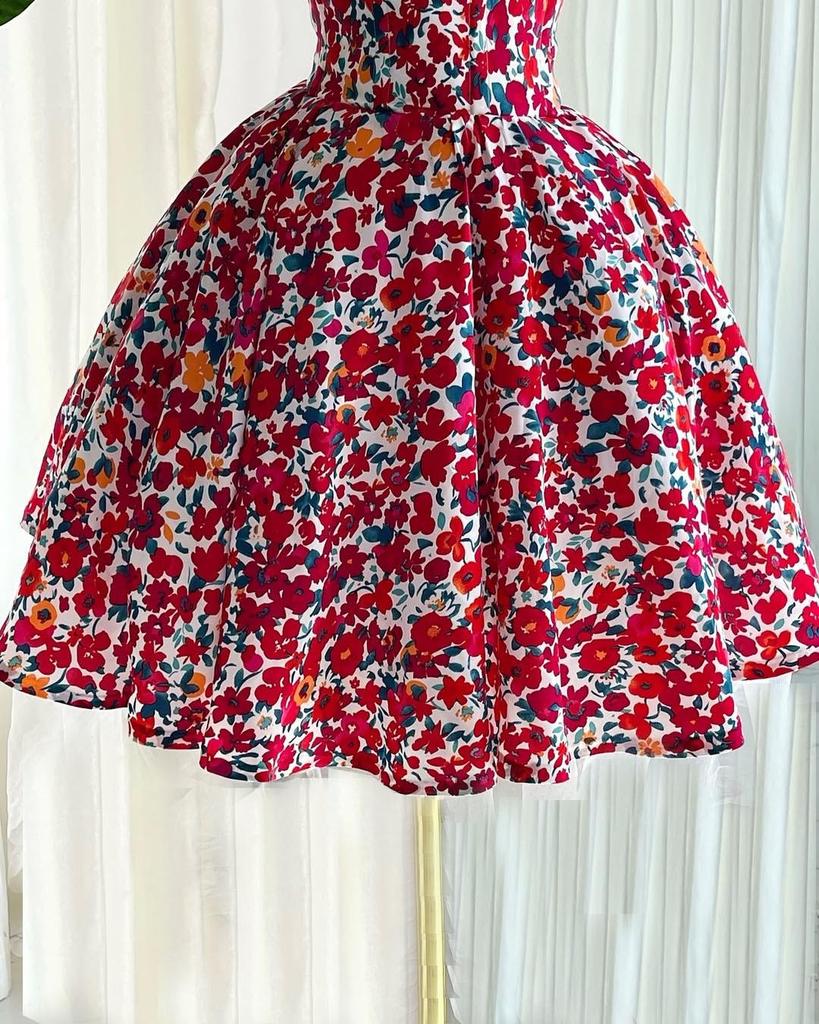 Spring 2025 Elegant Floral A-line Dress with Bow and Spaghetti Straps