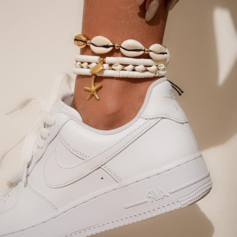 

Праздничный стиль четырехкомпонентный ракушечный браслет на ногу стильный и простой многослойный плетеный браслет на ногу из рисовых бусин с морской звездой