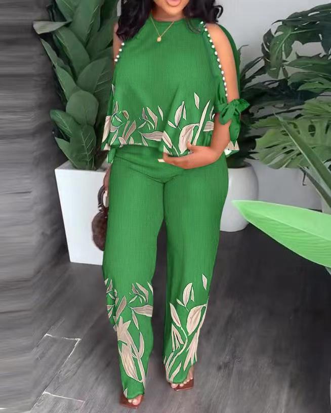2023 Women's Round Neck Raglan Sleeve Beaded Print Long Pants Set Plus Size, European & American Style