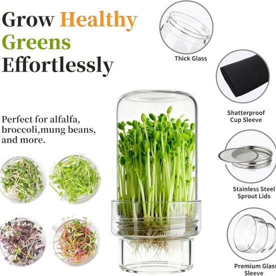 Sprouting Jar Kit, Wide Mouth Glass Jar with Sprout Lid, Blackout Sleeve, Plant Sprout Growing Kit for Home Gardeners Vegan Diets