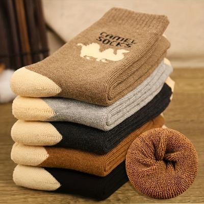 5 Paar dicke Crew-Socken mit Kamelmuster für Herren, warm, bequem, ideal für Outdoor-Aktivitäten im Herbst und Winter, Wandern, Trekking, Camping und Angeln