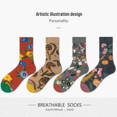 Tide Retro Flower Socks: Mid-Calf Cotton Socks for Women & Men, Trendy Spring/Autumn Couple Style.
