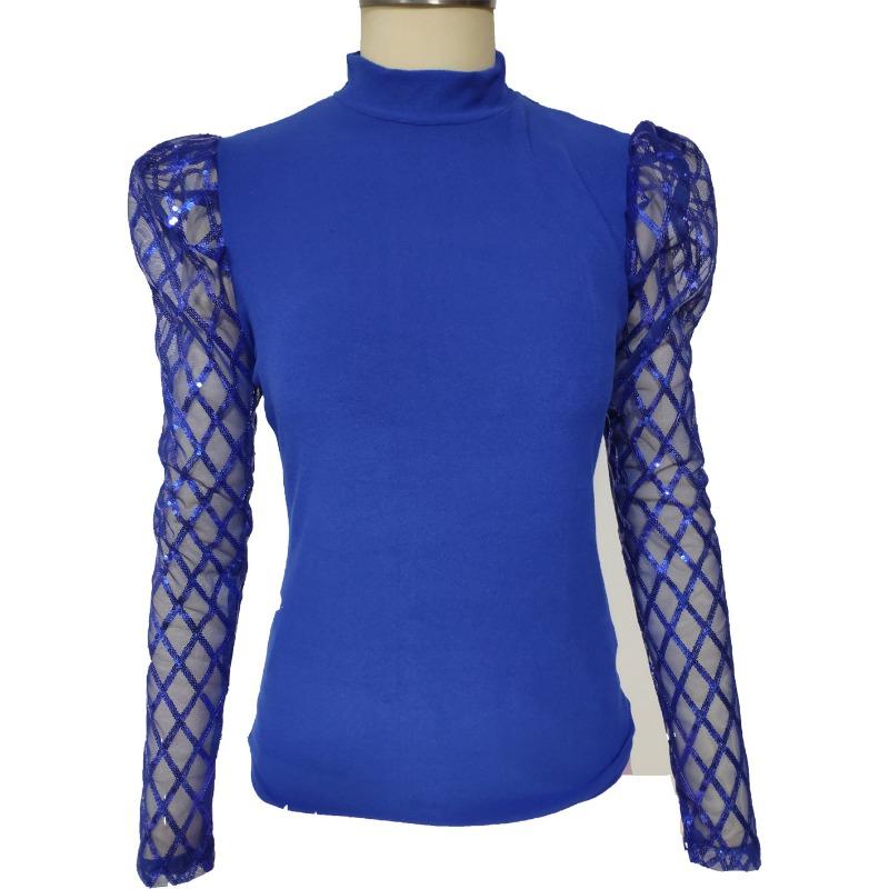 Top de Manga Abullonada Sexy Ajustado Elástico de Moda Nueva para Mujer