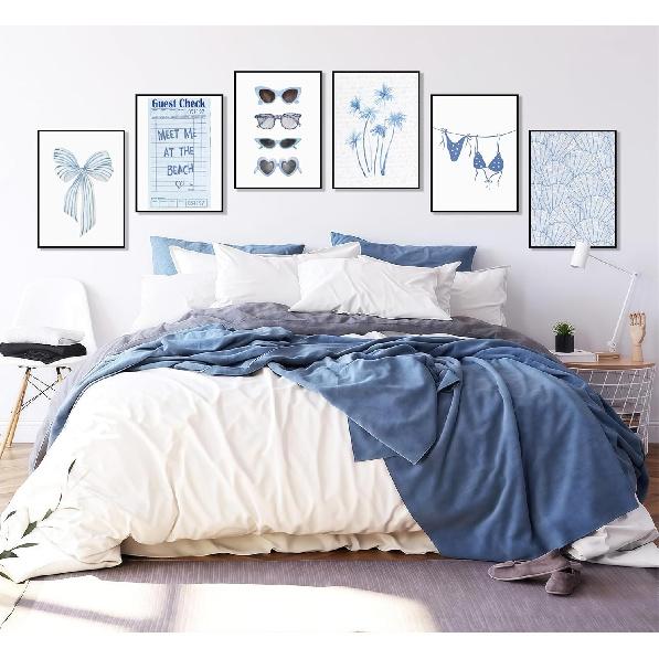 6Pcs Coast Bikini Preppy Canvas Wall Art Blue Shell Bow Coquette Picture Wall Decor Meet Me At The Beach Coastal Granddaughter Poster Print Artwork
