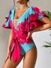 Ashgaily Ruffle One Piece Swimsuit Women Swimwear with Belt Push Up Monokini Swim Suit Print Bathing Suit Beachwear