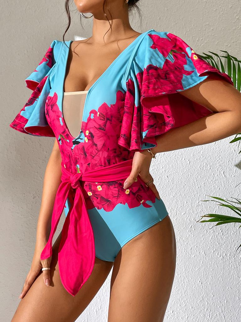 Ashgaily Ruffle One Piece Swimsuit Women Swimwear with Belt Push Up Monokini Swim Suit Print Bathing Suit Beachwear
