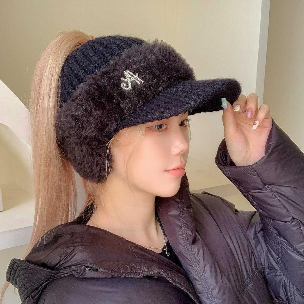 New Autumn Winter Hats for Women Warm Rabbit Blend Knitted Hat Outdoor Sport Empty Top Earflaps Ponytail Hat Baseball Caps
