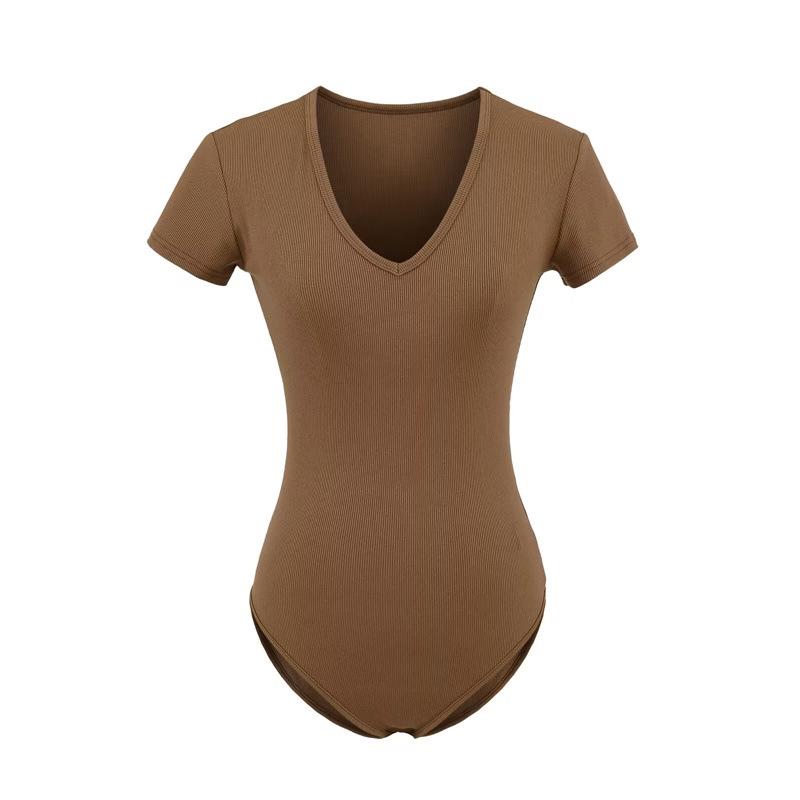 Damen Slim Stretch V-Ausschnitt Jumpsuit T-Shirt - Sexy Kurzarm Basisschicht Oberteil