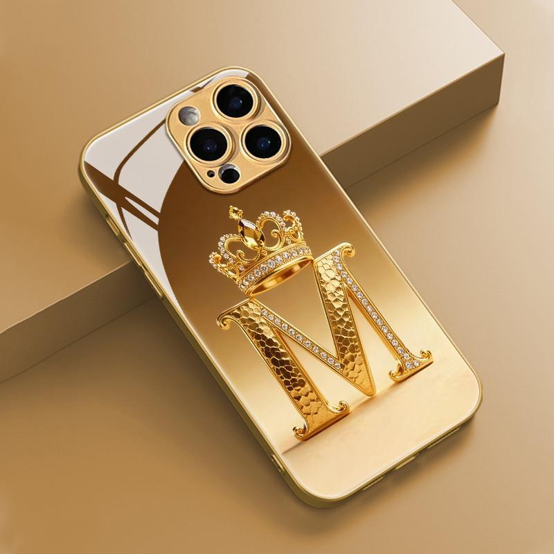 Luxus Goldene Krone Buchstabe M Muster Metallische Farbe Glas Handyhülle Für iPhone 17 Pro Max 11 12 13 14 15 16 Plus 17 Air 16E Hülle