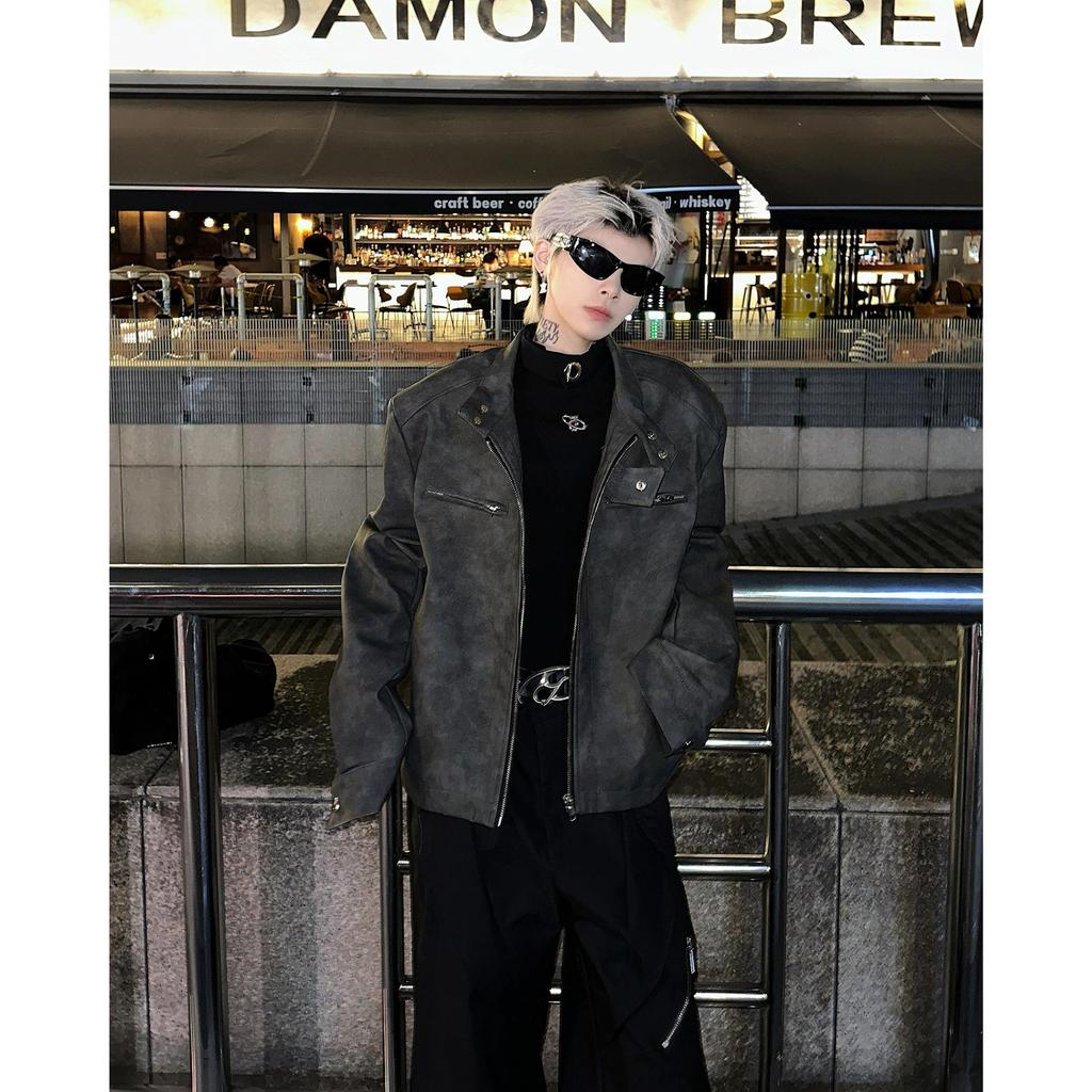Men's Trendy Stand Collar Leather Jacket - High-End Feel, Loose Fit, Solid Color, Padded, Casual & Versatile