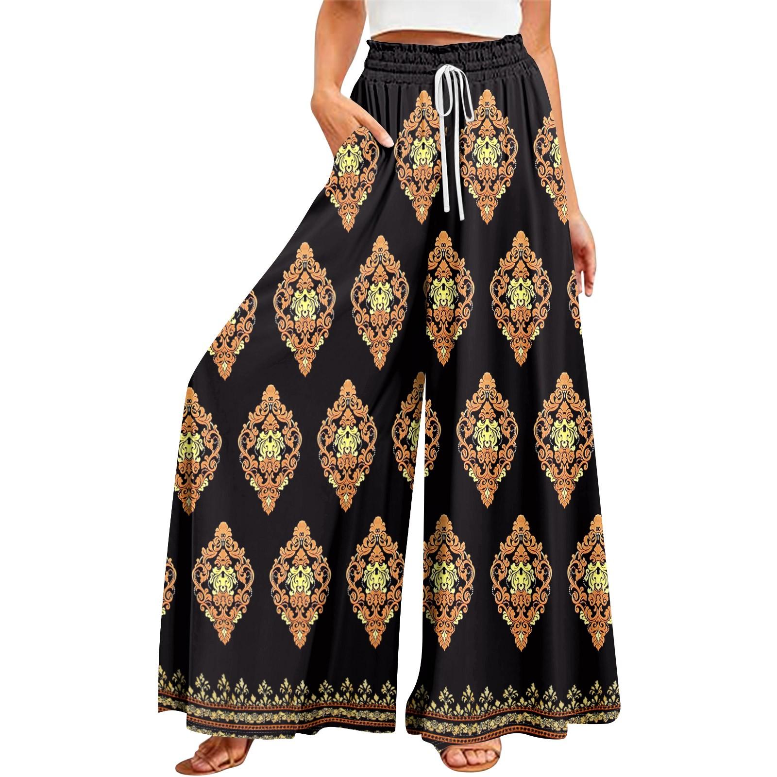 

Жіночі літні широкі брюки з високою талією і кишенями Модні повсякденні повсякденні пляжні штани з богемним принтом L чорний