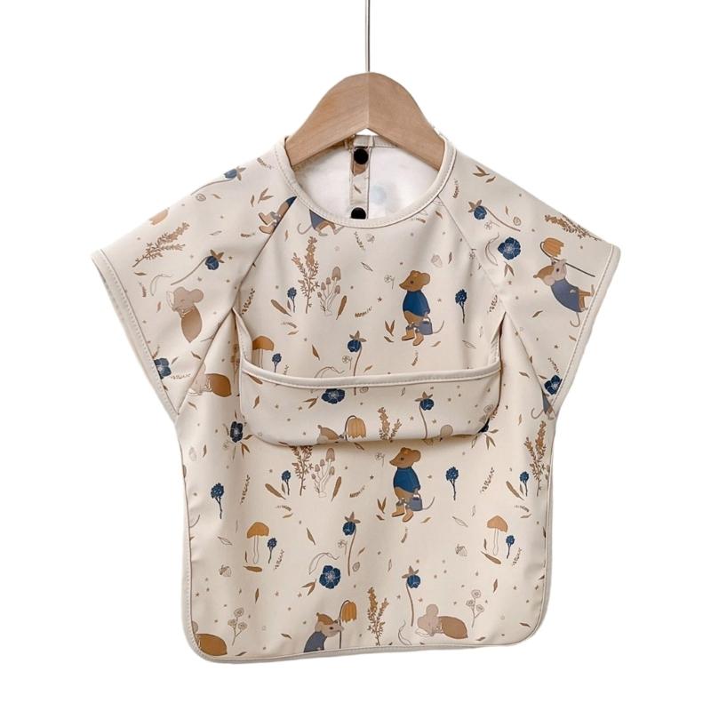 Spill Guard Short Sleeve Baby Bib Adjustable Feeding Apron with Food Pocket Water Resistant Toddler Mealtime Burp Cloth S