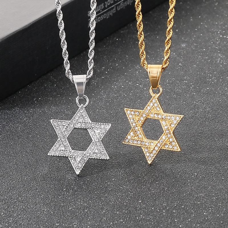Stainless Steel Hexagram Pendant Necklace Men's Vintage Hollow Out Charms Accessories Zirconia Star Sweater Chain Jewelry