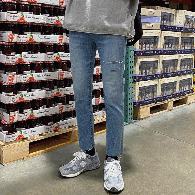 Men's Jeans Spring Slim-Fit Straight Casual Pants High Street Ripped Nine-Point Pants Tide