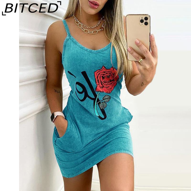BITCED Women Elegant Summer Floral Letter Print Denim Bodycon Mini Slim Dress Sleeveless Pocket Design