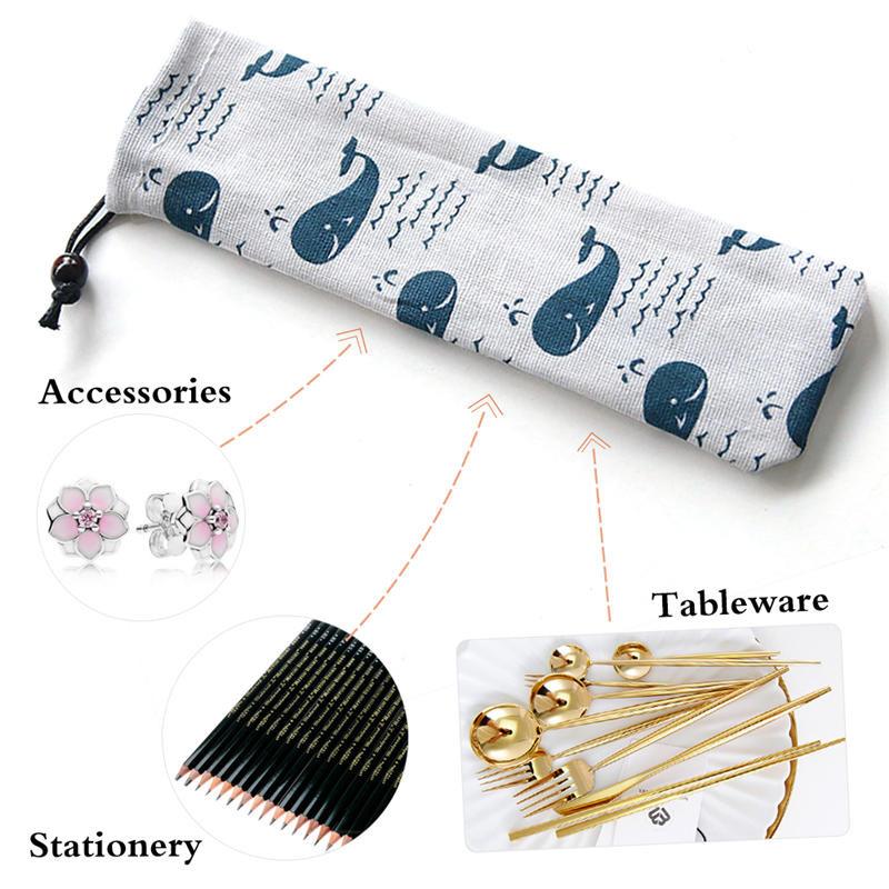 Japan Style Cutlery Bag Reusable Travel Drawstring Pouch For Kitchen Tableware Fork Spoon Bamboo Chopsticks Cleaning Brush