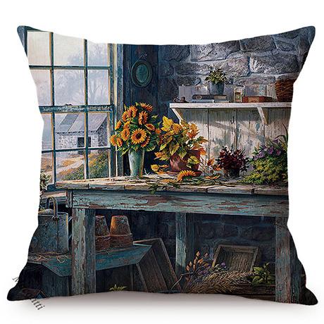 Spring Rural Landscape Pattern Sofa Decorative Cushion Cover Quiet Creek Florals Scenery Cotton Linen Throw Pillow Case Cojines